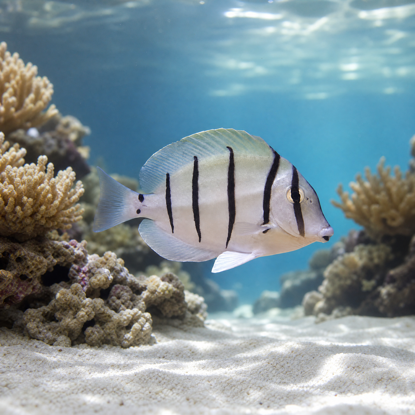 Convict Tang (Acanthurus triostegus) live saltwater reef fish with black vertical bars on a silver body