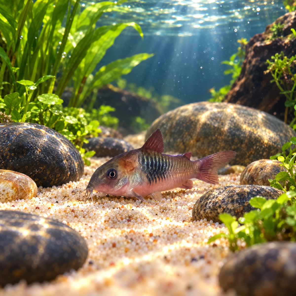 Orange Venezuela Cory (Corydoras aeneus) freshwater catfish foraging on sand