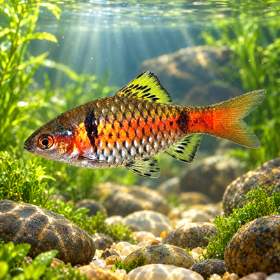 Odessa Barb (Pethia padamya) freshwater fish with red stripe in planted aquarium