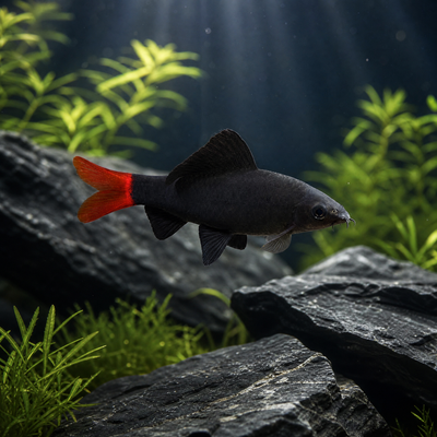 Redtail Shark (Epalzeorhynchos bicolor) freshwater fish with jet black body and bright red tail