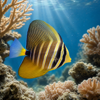 Sailfin Tang (Zebrasoma veliferum) saltwater reef fish with tall banded gold and brown fins