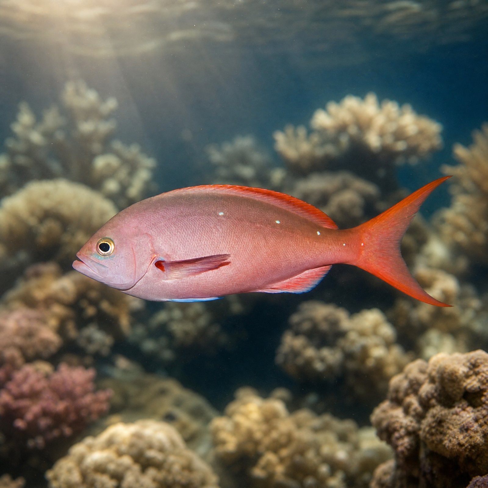 Ruby Anthias (Paranthias colonus) saltwater reef fish - rose and orange creolefish swimming over coral