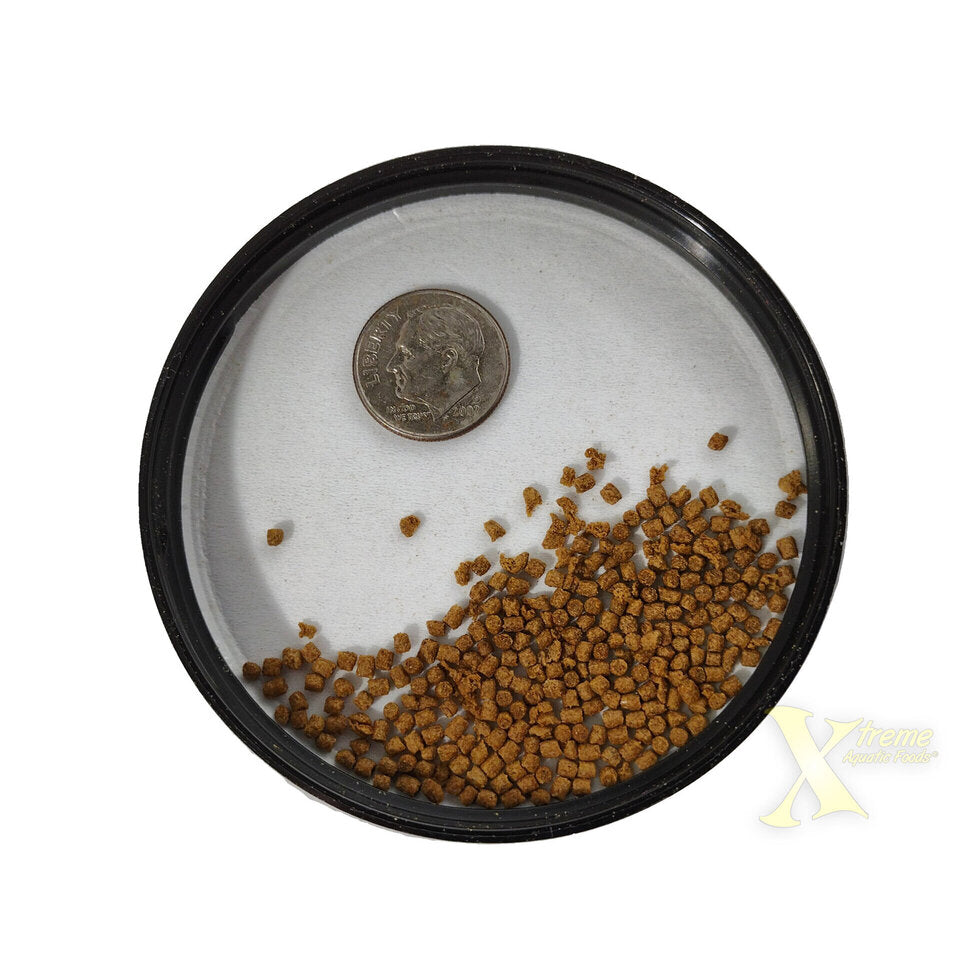 Xtreme Goldfish Pellets 1.5mm pellet size shown next to a dime