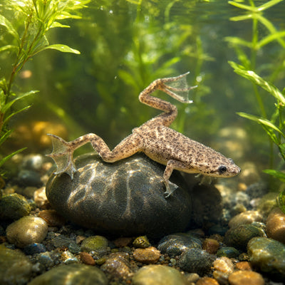 African Dwarf Frog (Hymenochirus boettgeri) wild-type mottled fully aquatic freshwater frog on river stone