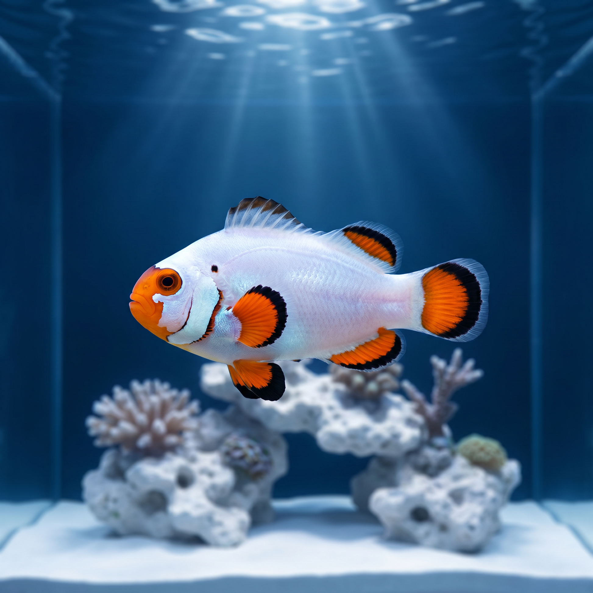 Wyoming White Clownfish (Amphiprion ocellaris), a white-bodied designer ocellaris clownfish with an orange face, in a reef aquarium