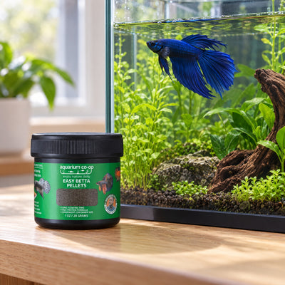 Aquarium Co-Op Easy Betta Pellets jar beside a planted aquarium with a blue male betta