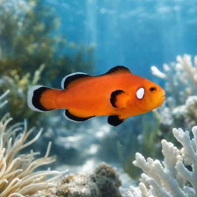 Nearly Naked Clownfish (Amphiprion ocellaris) captive bred designer saltwater clownfish with nearly stripeless orange body