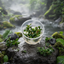 Bucephalandra "Green" tissue culture cup of live aquarium plant on wet stream rock