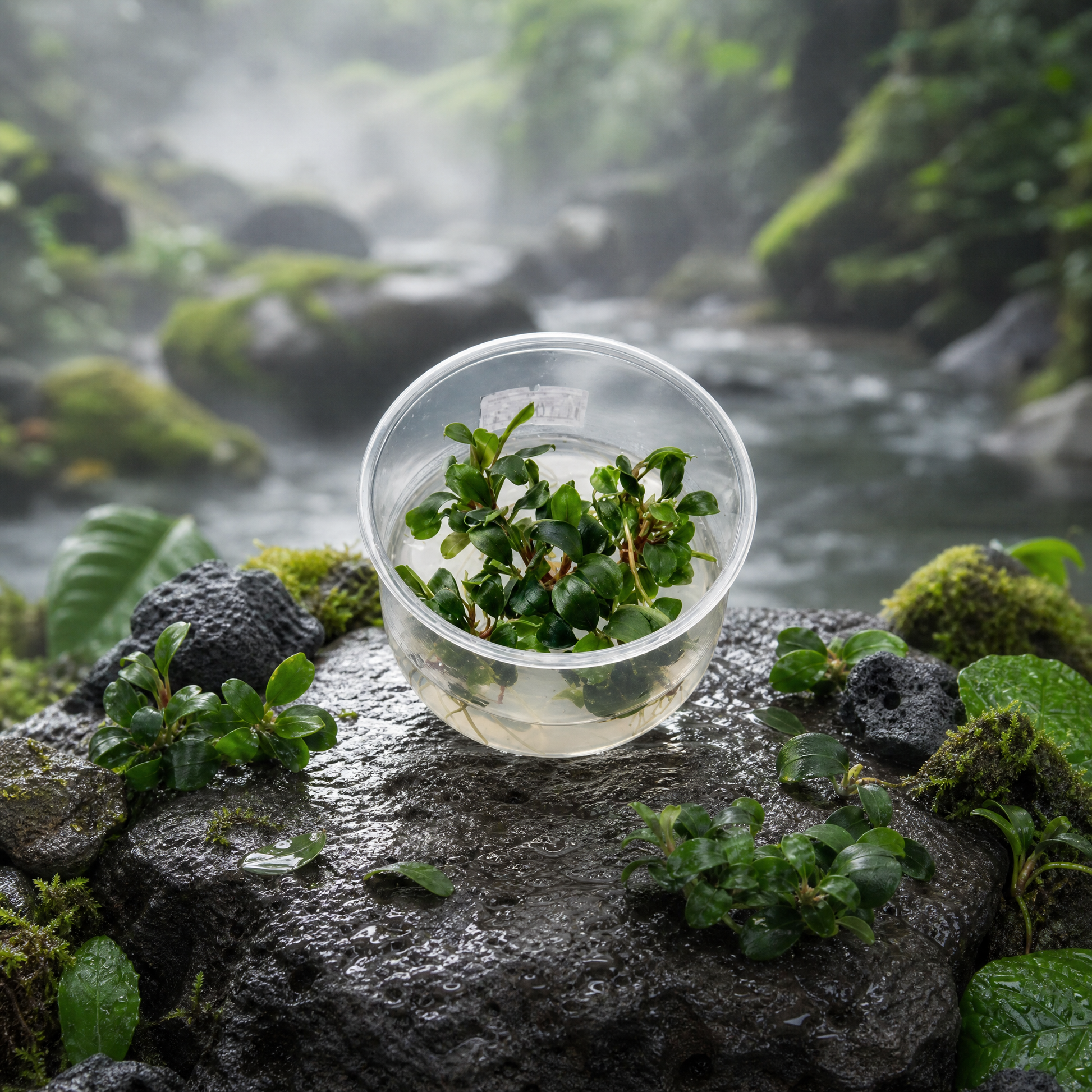 Bucephalandra "Green" tissue culture cup of live aquarium plant on wet stream rock