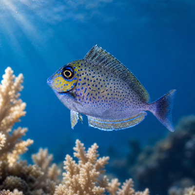 Vlamingii Tang (Naso vlamingii) juvenile bignose unicornfish with blue spots and yellow eye mask