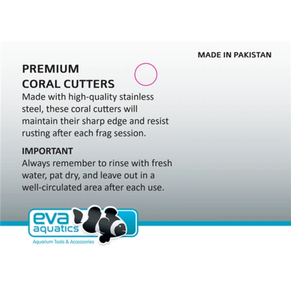 Back of the Eva Aquatics 8 inch coral cutter pack with care instructions
