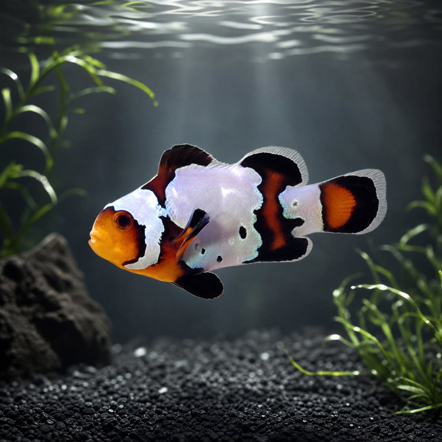 Black Ice Clownfish (Amphiprion ocellaris) captive-bred designer saltwater clownfish with dark body, bold irregular white bars and orange face