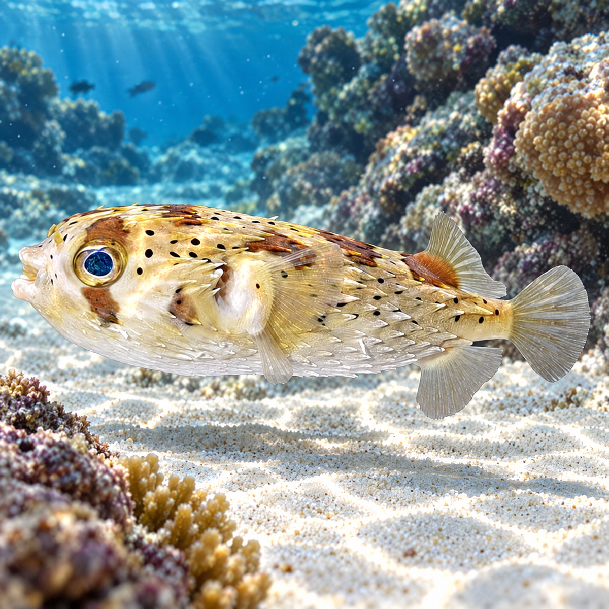Longspine Porcupine Puffer (Diodon holocanthus) saltwater fish swimming over sand and coral