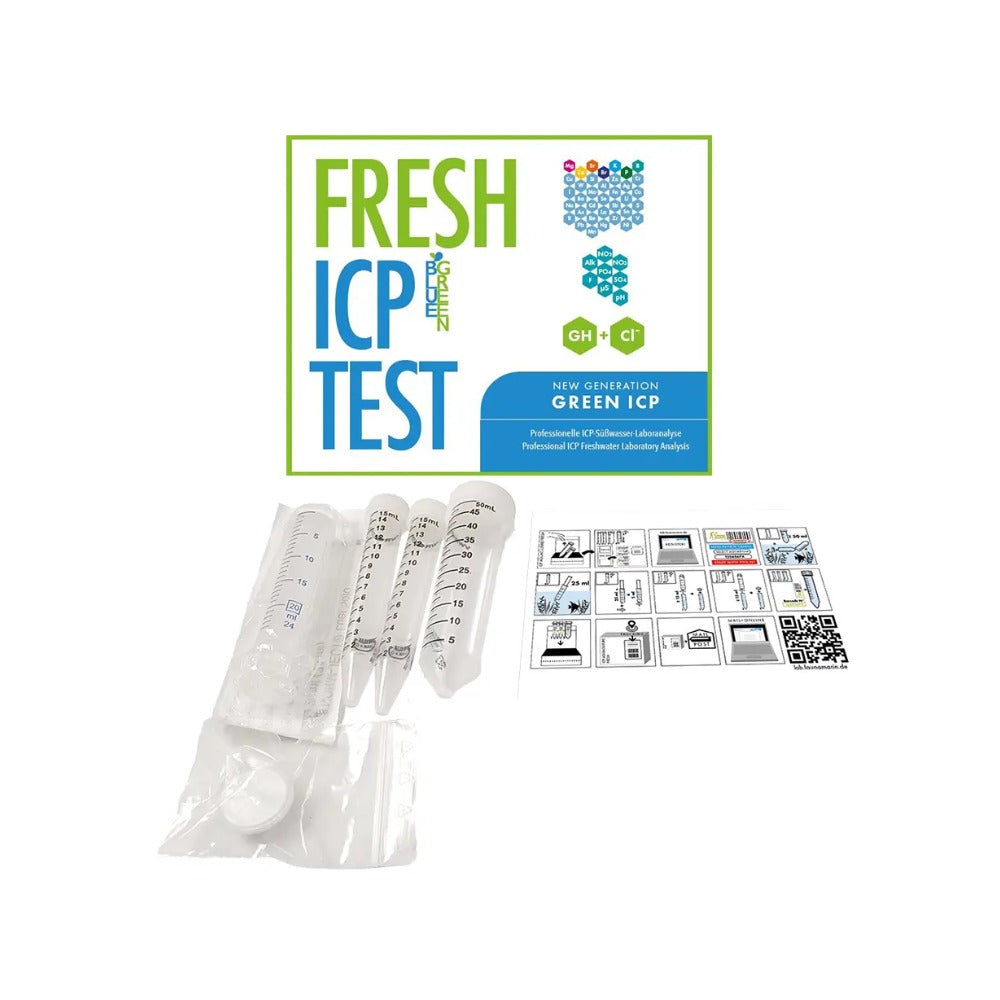 Fauna Marin Fresh ICP Test kit contents: sample tubes, syringe, sample filter and illustrated instructions