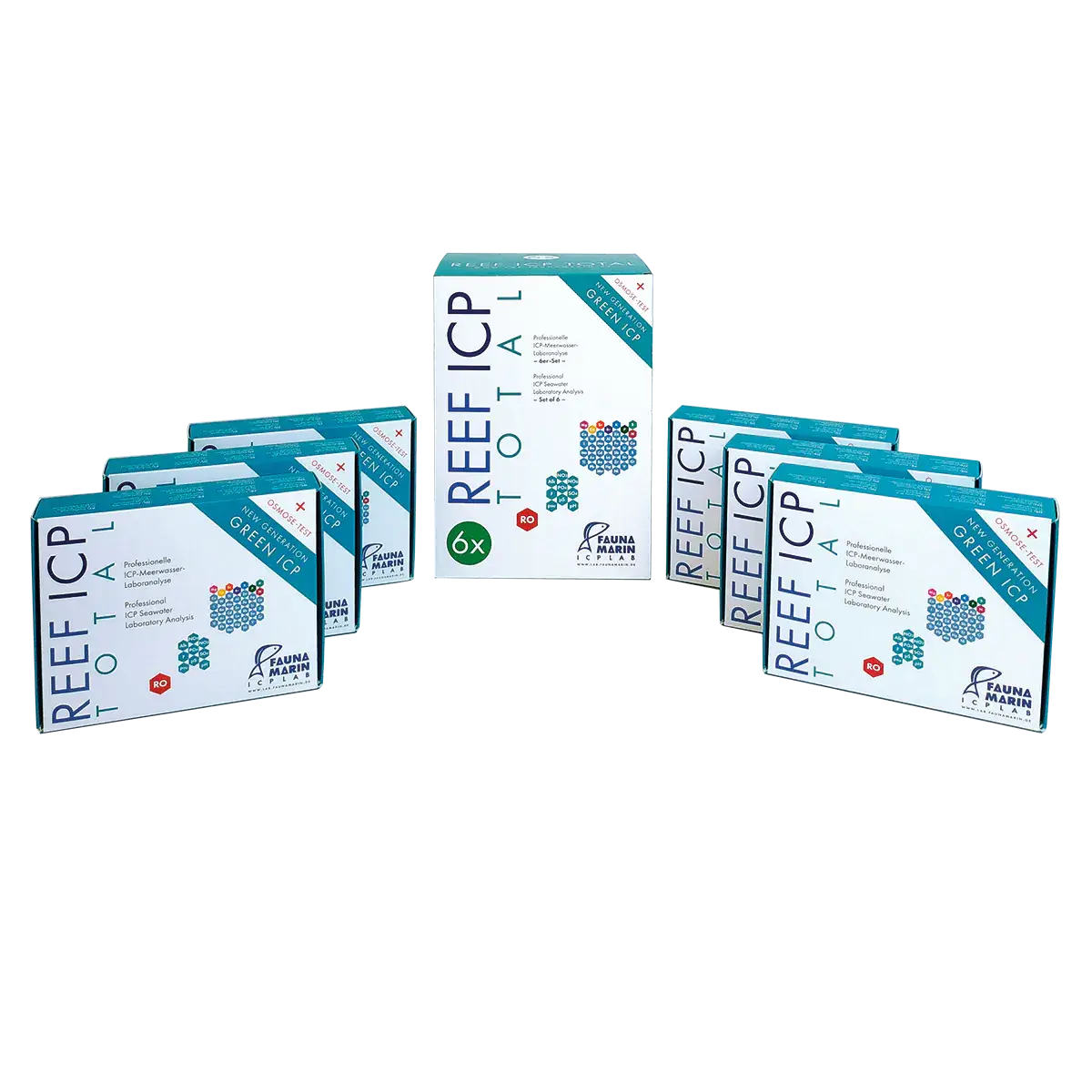 Fauna Marin ICPTSET | Reef ICP TOTAL Test Set (6 Pack) | Professional Water Analysis Kit displayed in a group.