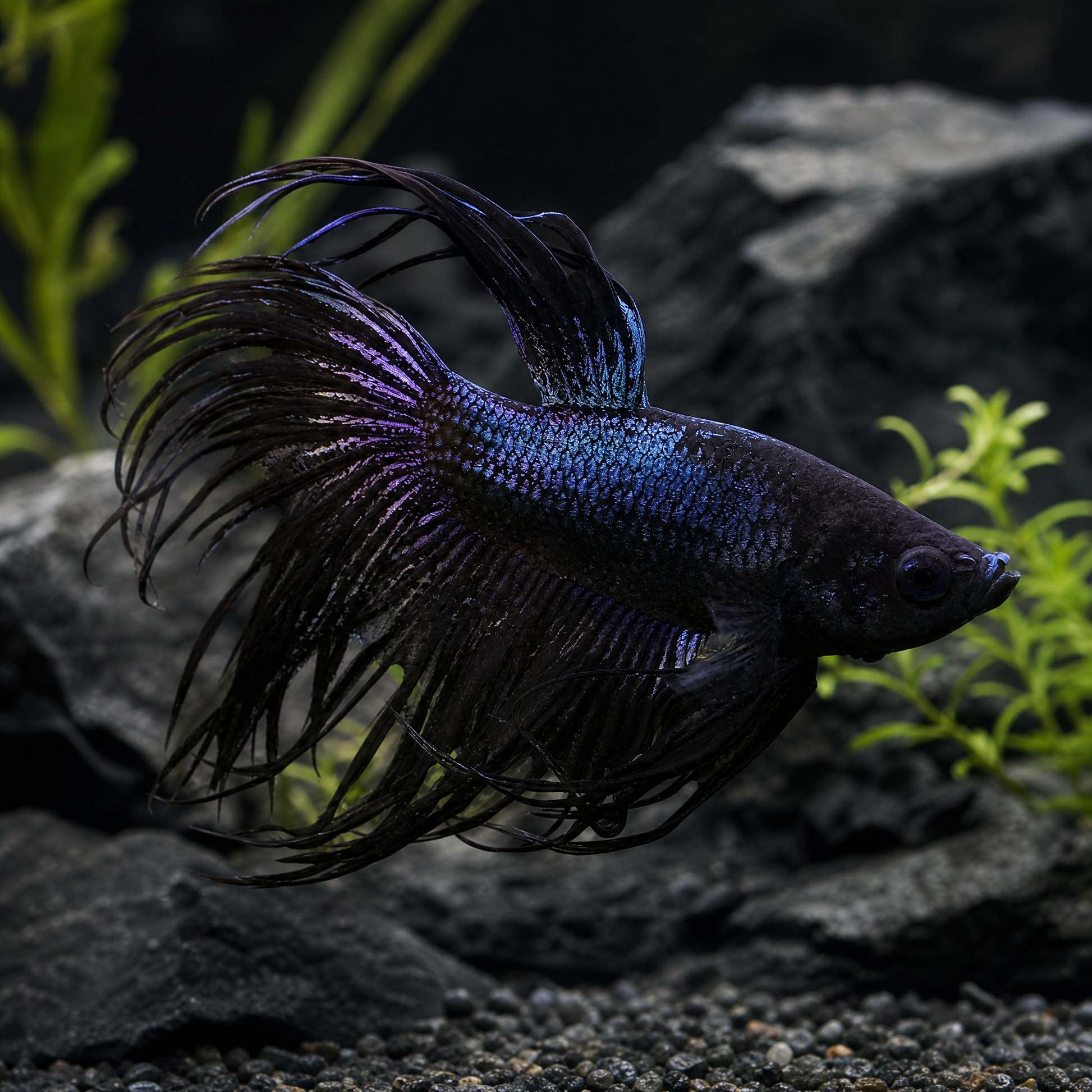Black Orchid Crowntail Male Betta (Betta splendens) near-black betta with blue iridescence and long spiky crowntail rays