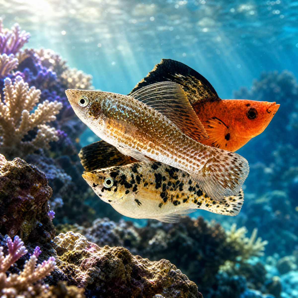 Saltwater acclimated Sailfin Mollies (Poecilia latipinna) in assorted colors swimming over a reef