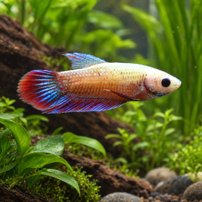 Female Betta (Betta splendens) assorted colors, short-finned female example in a planted freshwater aquarium
