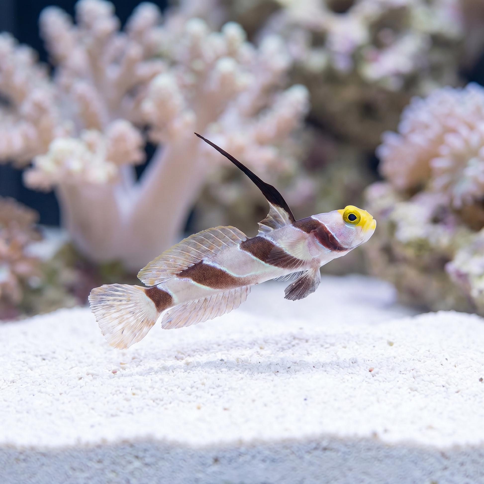 HiFin Banded Goby (Stonogobiops nematodes) with a white body, diagonal red-brown bands, and a tall dorsal fin, hovering over sand near coral