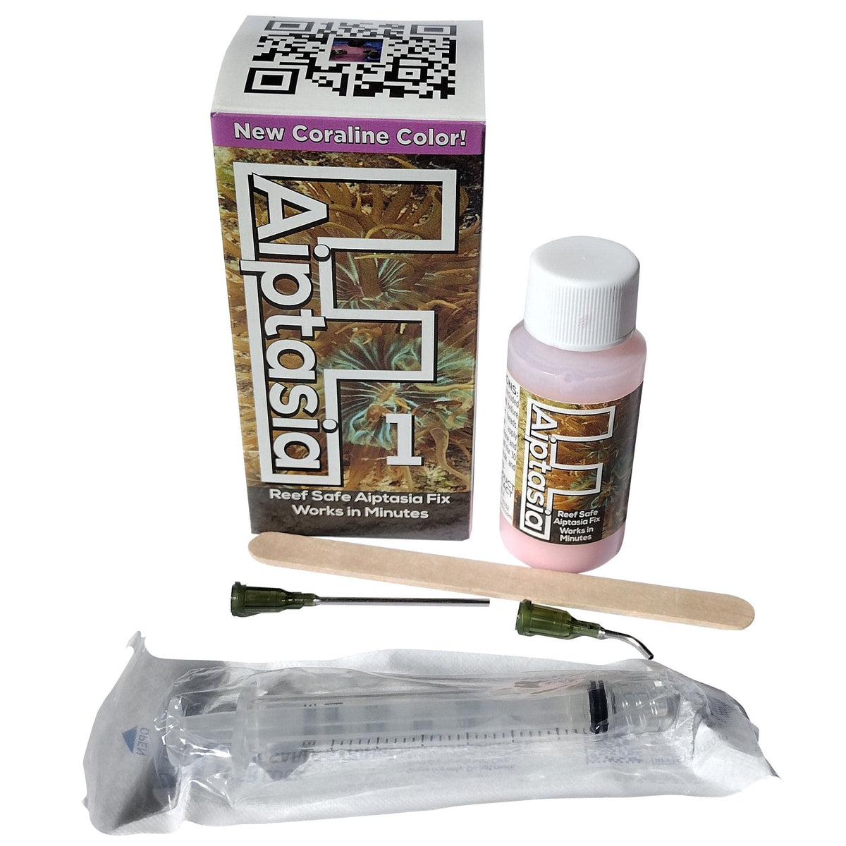 What comes in the box: F-Aiptasia bottle, stir stick, 3 mL syringe and straight and angled nozzles