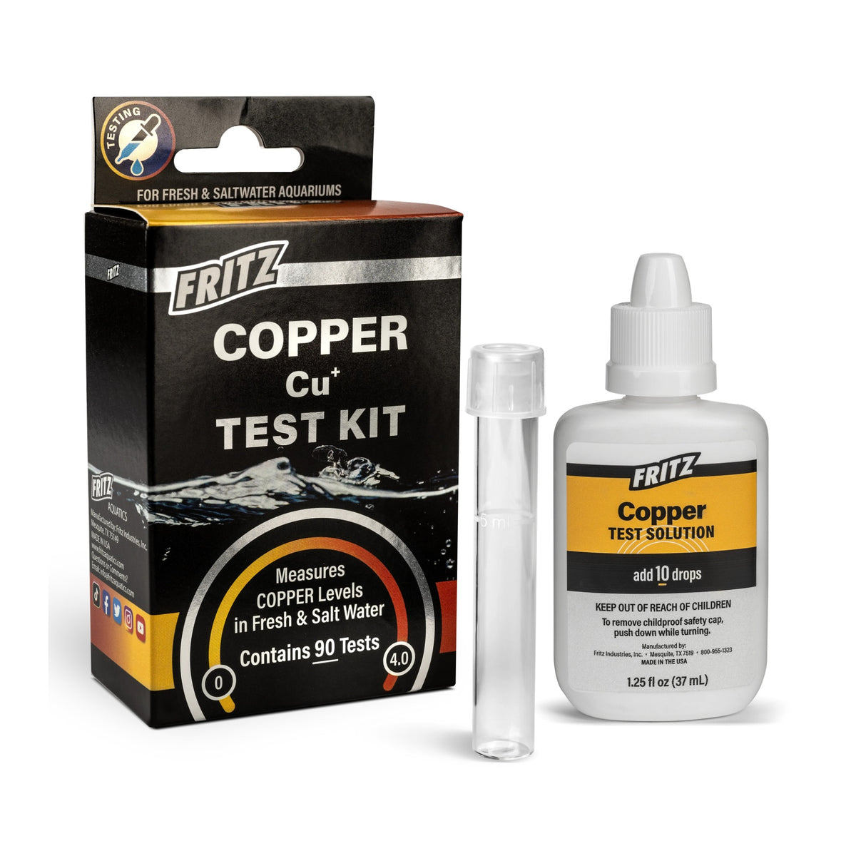 Fritz Copper Test Kit box with reagent bottle and test tube