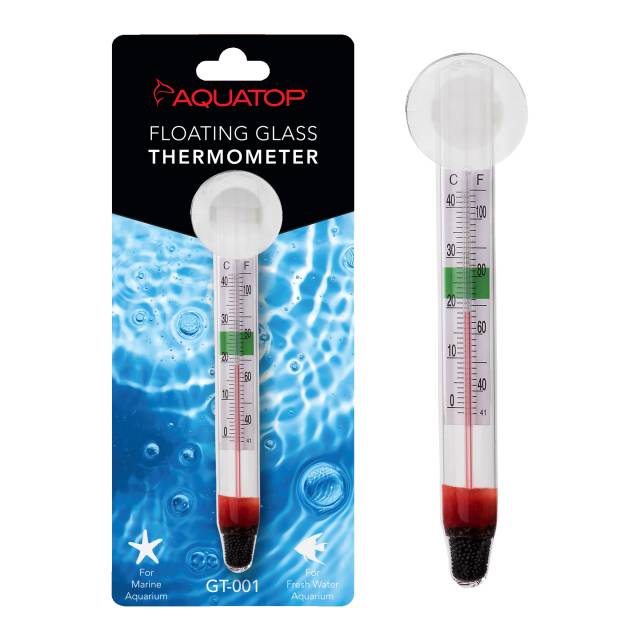 Aquatop GT-001 thermometer in retail packaging next to the unpackaged thermometer with suction cup