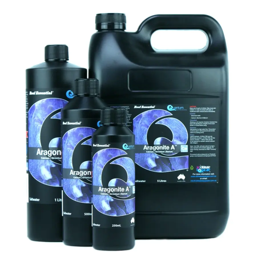 Quantum Aragonite A Calcium reef supplement size range, 250 ml, 500 ml, 1 L, and 5 L bottles