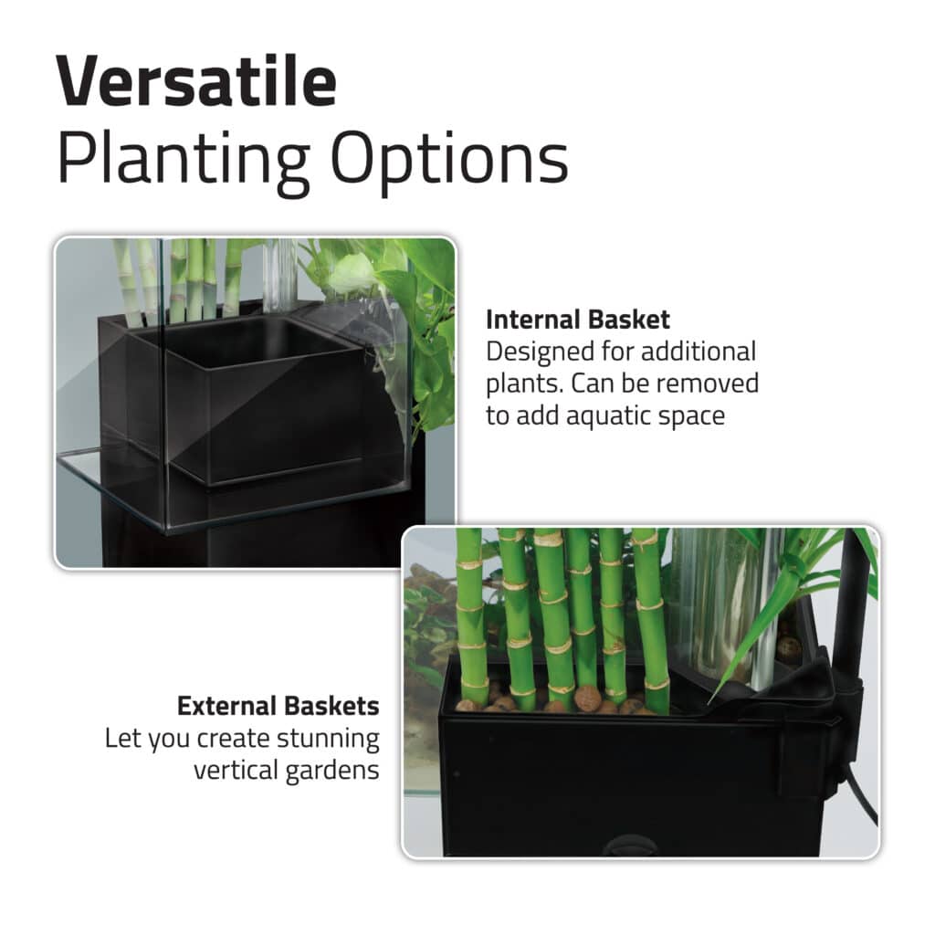 Versatile planting options panel showing the black Kühl's internal and external plant baskets