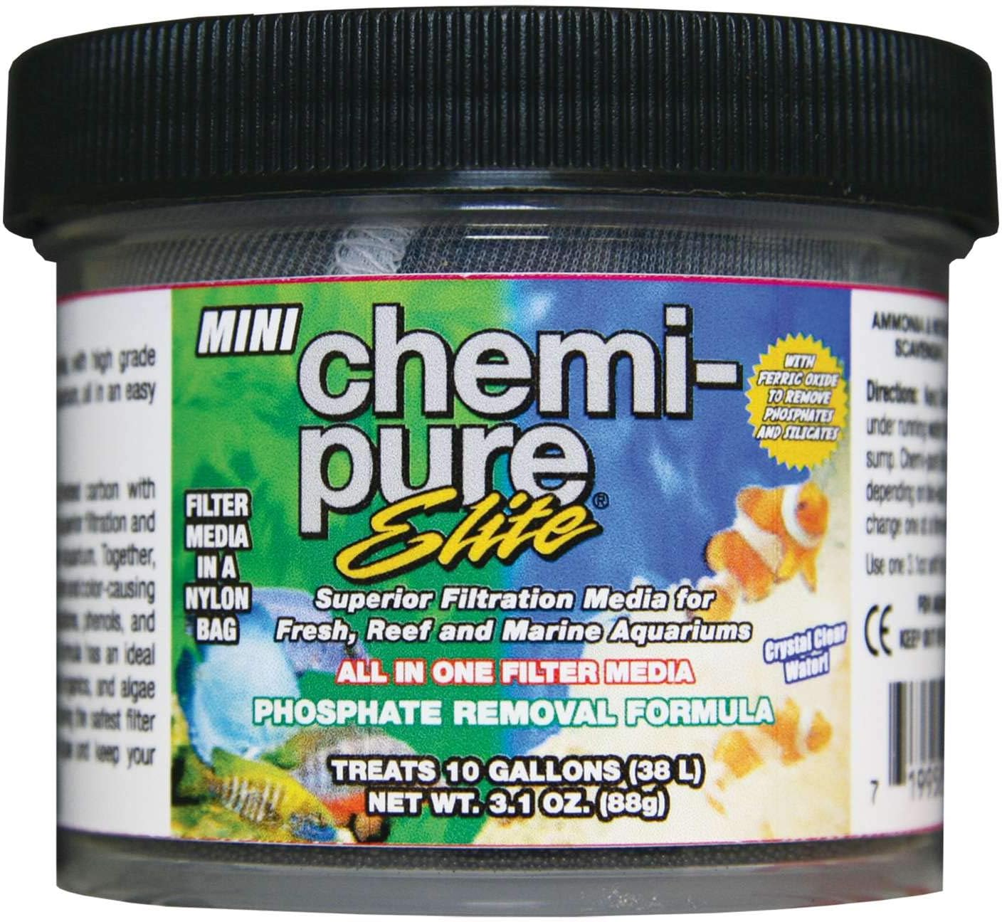 Mini Chemi-pure Elite filter media jar in a nylon bag, treats 10 gallons