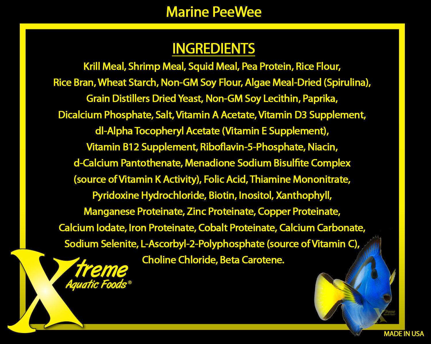 Xtreme Marine PeeWee ingredients list, made in USA marine pellet