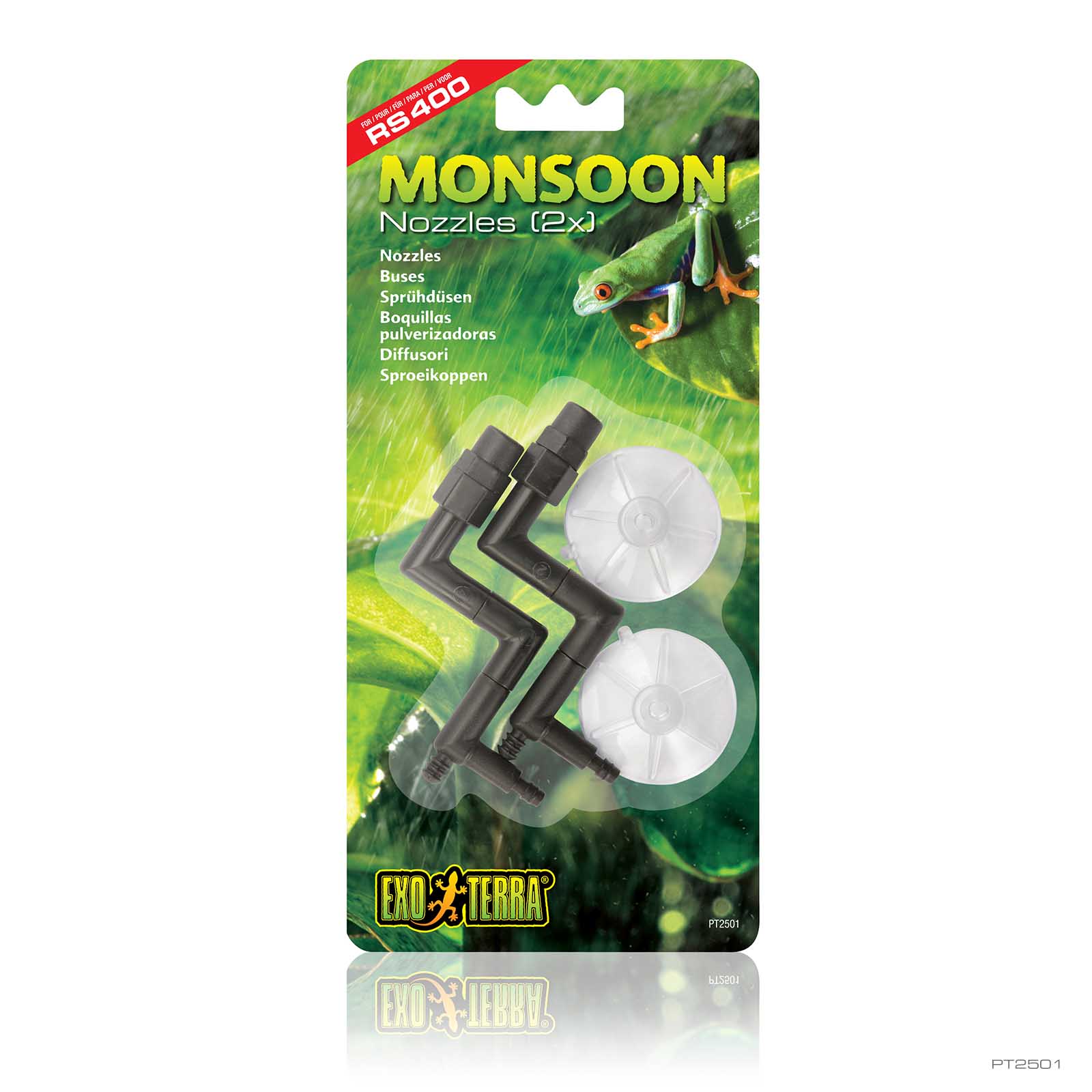Exo Terra Monsoon Nozzles 2-pack packaging, replacement fine-mist nozzles for the Monsoon terrarium misting system