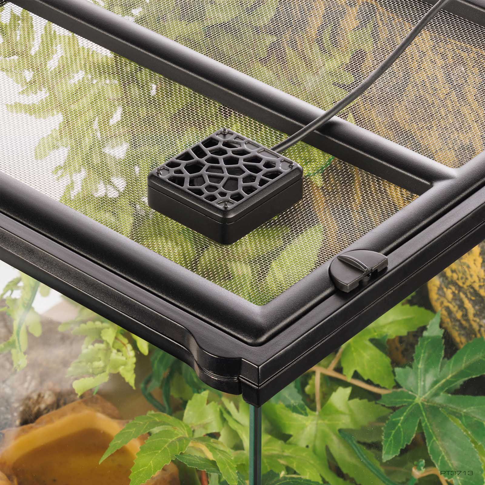 Exo Terra Terrarium Silent Mini Fan installed on a planted terrarium screen top