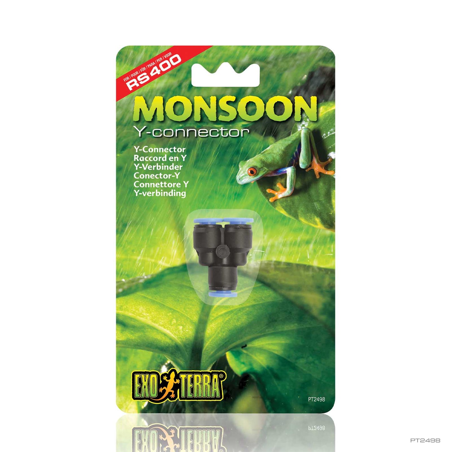 Exo Terra Monsoon Y-Connector in retail packaging with the push-fit tubing fitting shown