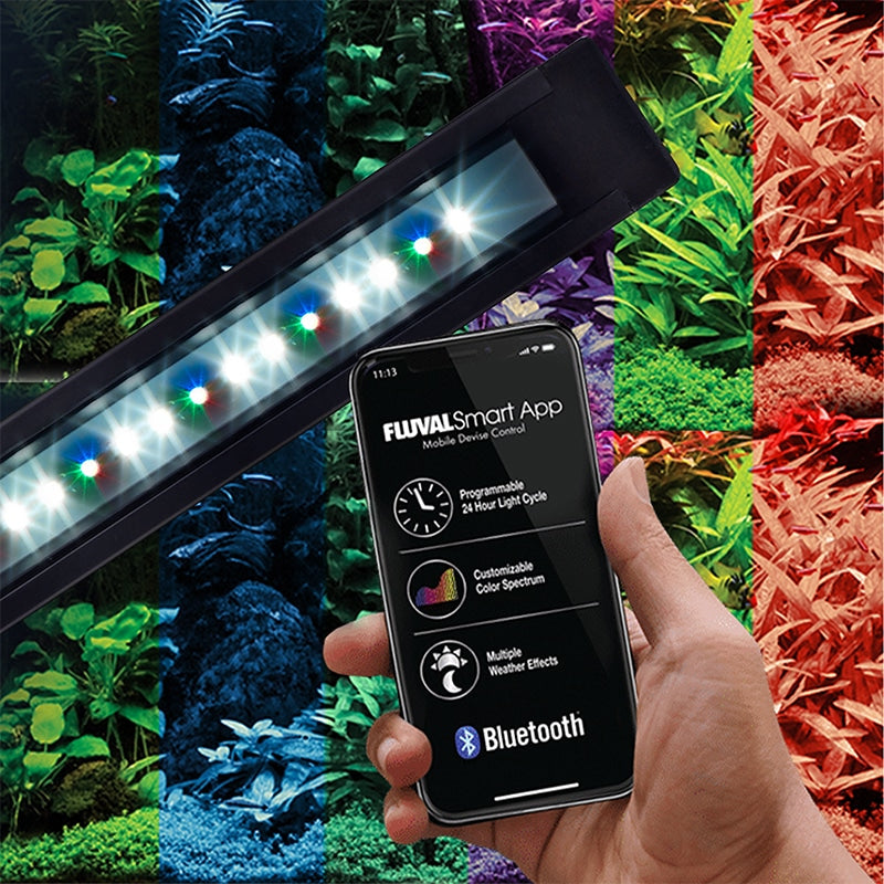 FluvalSmart app on a phone controlling the Aquasky 2.0 Bluetooth LED over a planted Flex aquarium