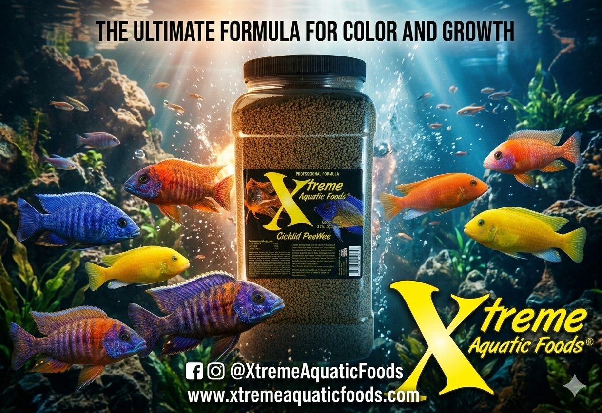Xtreme Cichlid PeeWee ultimate formula for color and growth graphic with peacock cichlids
