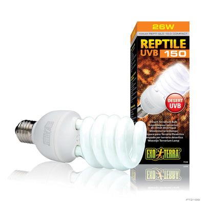 Exo Terra Reptile UVB150 26 watt desert compact fluorescent bulb beside its packaging