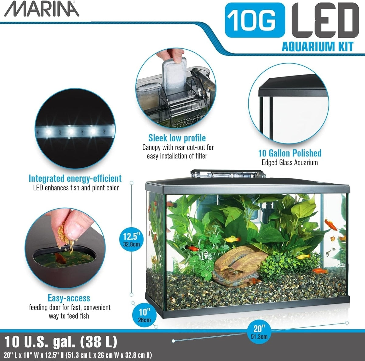 Marina 10G LED kit features panel: energy-efficient LED, low-profile canopy, feeding door, 20 x 10 x 12.5 inch tank