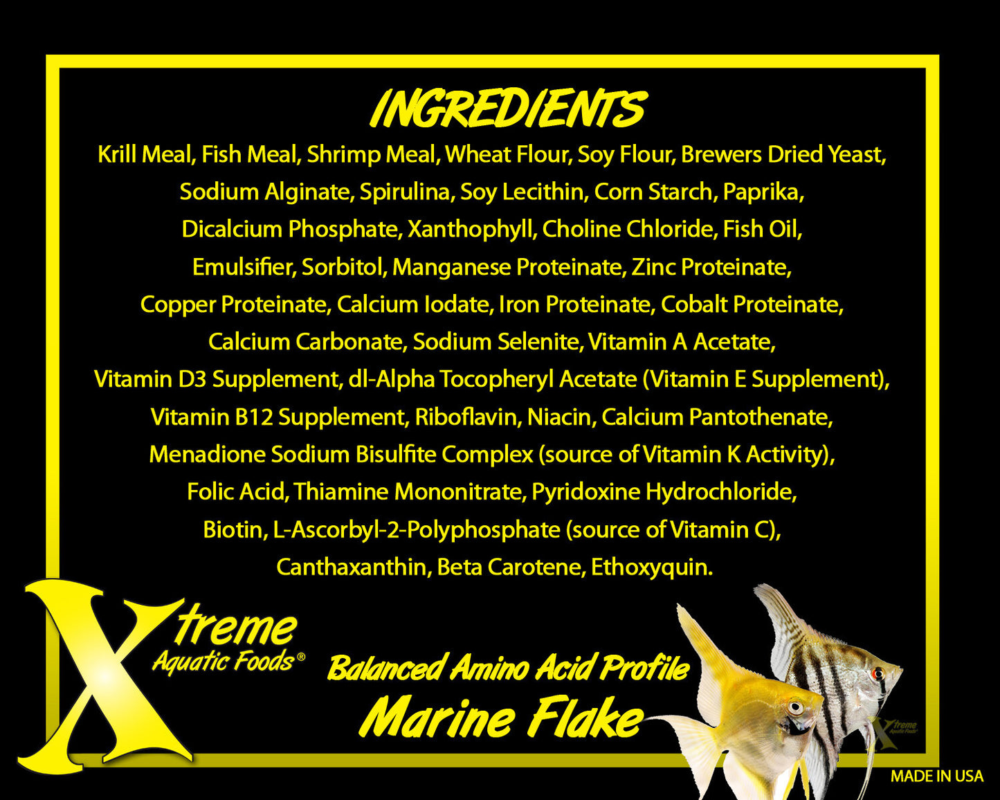 Xtreme Marine Krill Flakes ingredients list, made in USA marine flake
