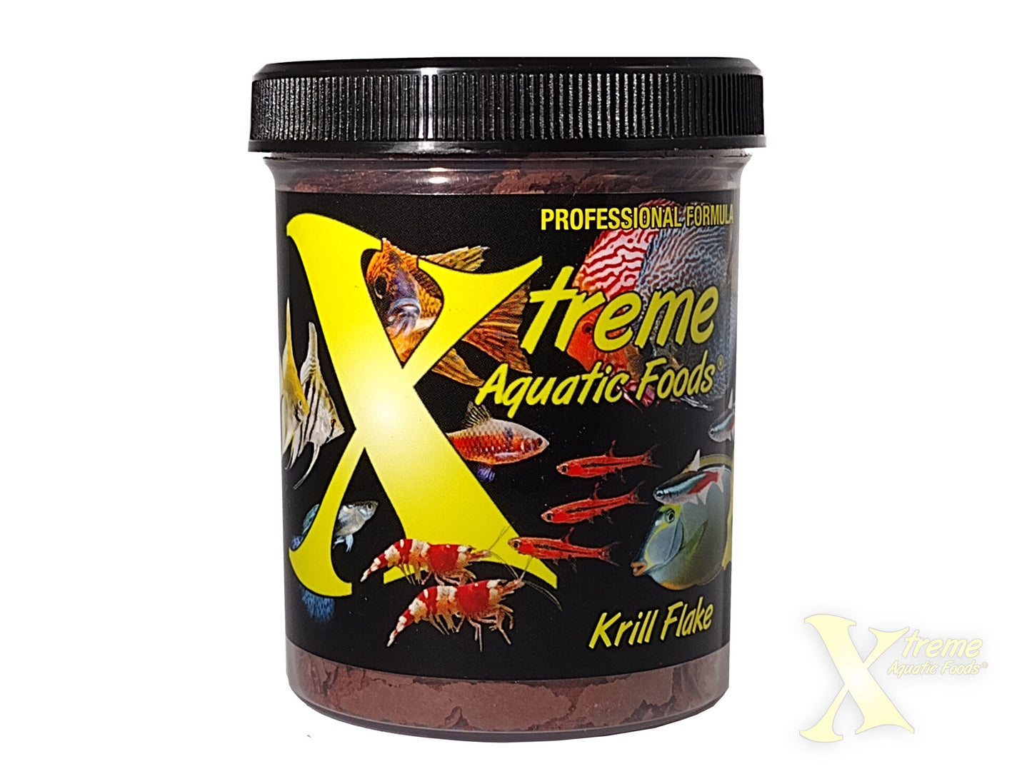 Xtreme Aquatic Foods Krill Flake jar front with freshwater and saltwater community fish