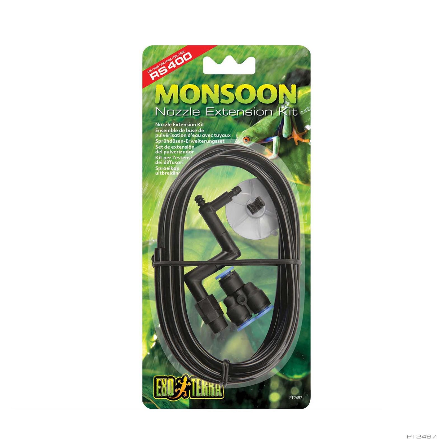 Exo Terra Monsoon Nozzle Extension Kit in retail packaging with nozzle, connector, and tubing