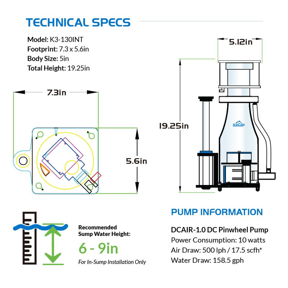 IceCap K3-130INT technical specs - 7.3 x 5.6 in footprint, 19.25 in height, 6-9 in sump water