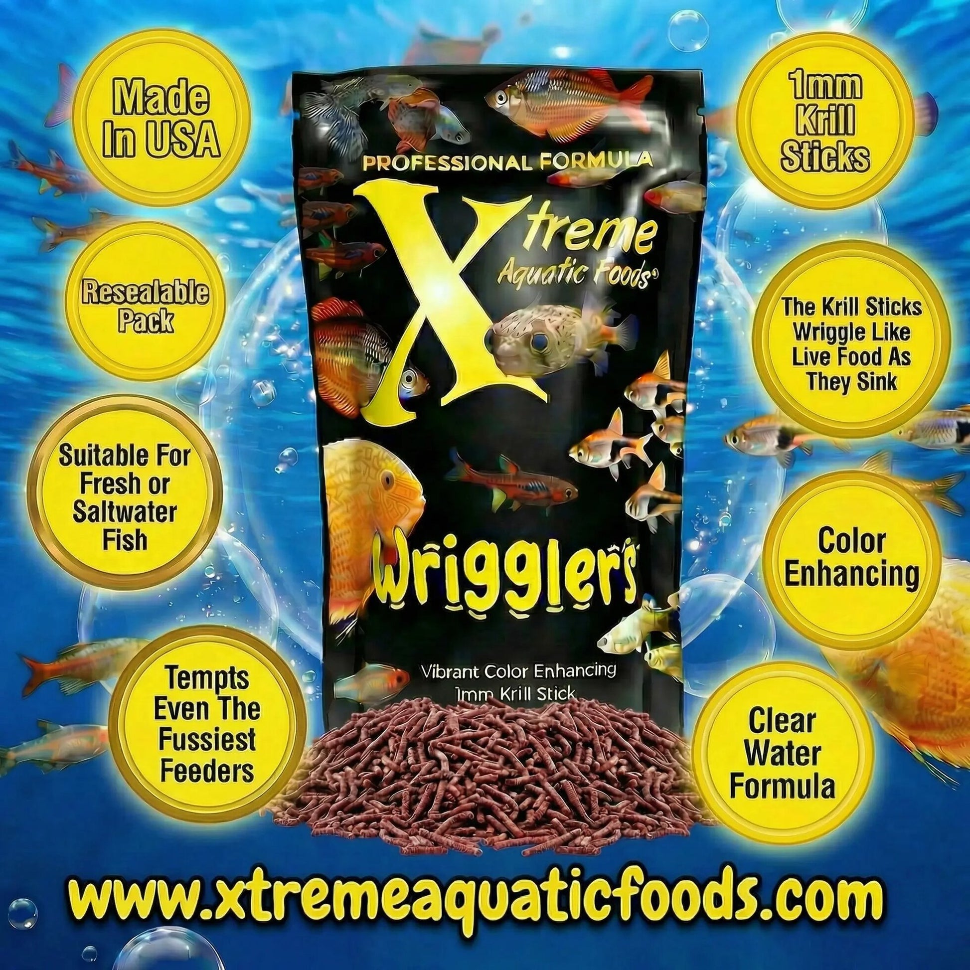 Xtreme Wrigglers 1mm krill sticks banner, color-enhancing slow-sinking food for freshwater and saltwater fish, made in USA