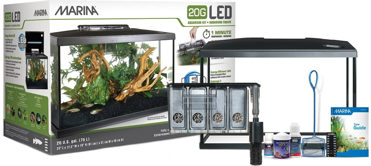 Marina 20G LED kit contents including glass tank, LED hood, Slim power filter, water-care samples, net, and care guide
