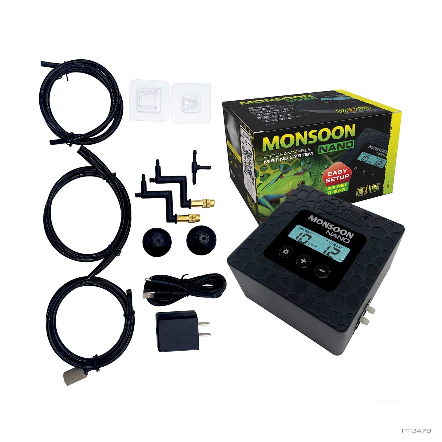 Exo Terra Monsoon Nano kit contents including the unit, tubing, brass nozzles, suction cups, USB cable, and power adapter