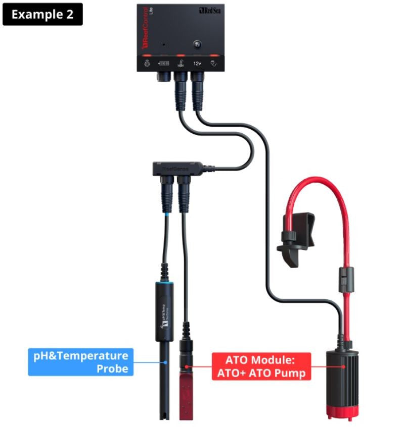 Red Sea ReefControl Lite wiring example with a pH and temperature probe and the ReefControl ATO Module and top-off pump