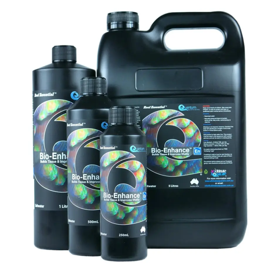 Quantum Bio-Enhance coral nutrition supplement size range, 250 ml, 500 ml, 1 L, and 5 L bottles