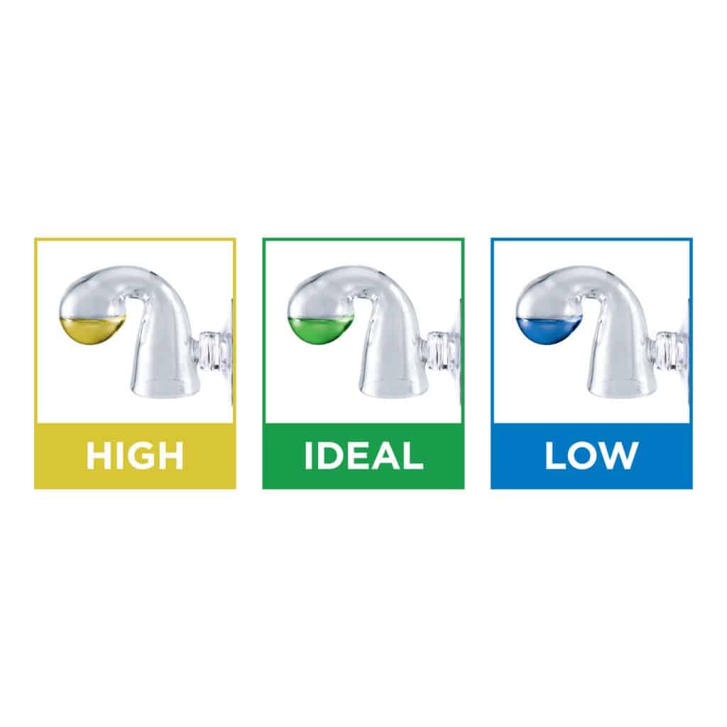 Fluval CO2 drop checker color guide: yellow means high CO2, green means ideal, and blue means low CO2