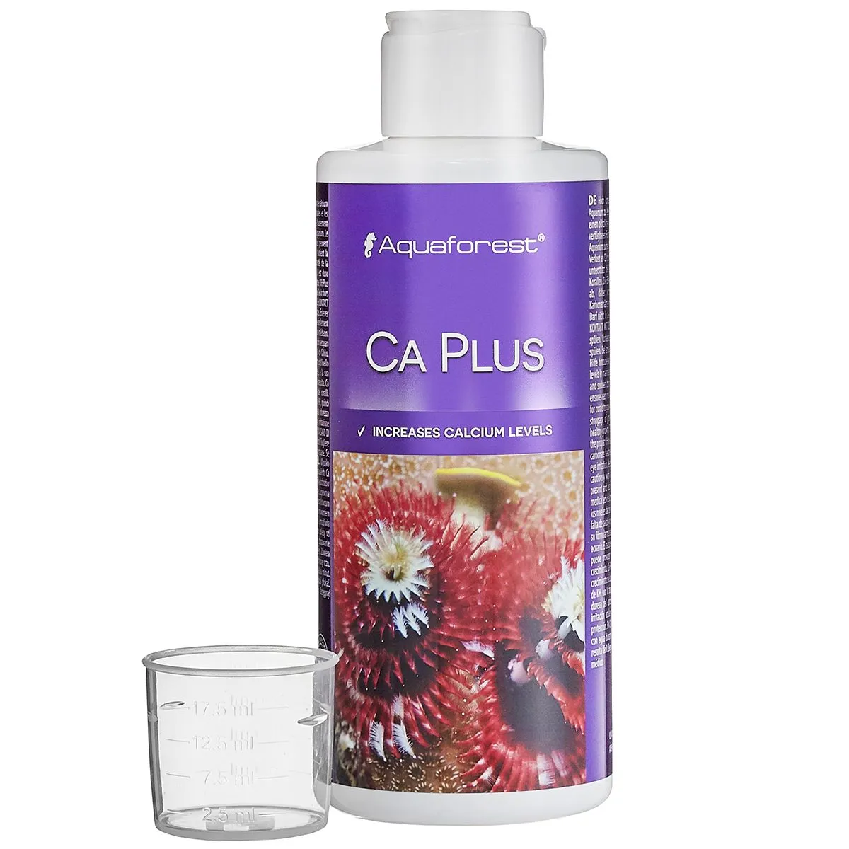 Aquaforest Ca Plus 250mL reef calcium supplement bottle with dosing cup