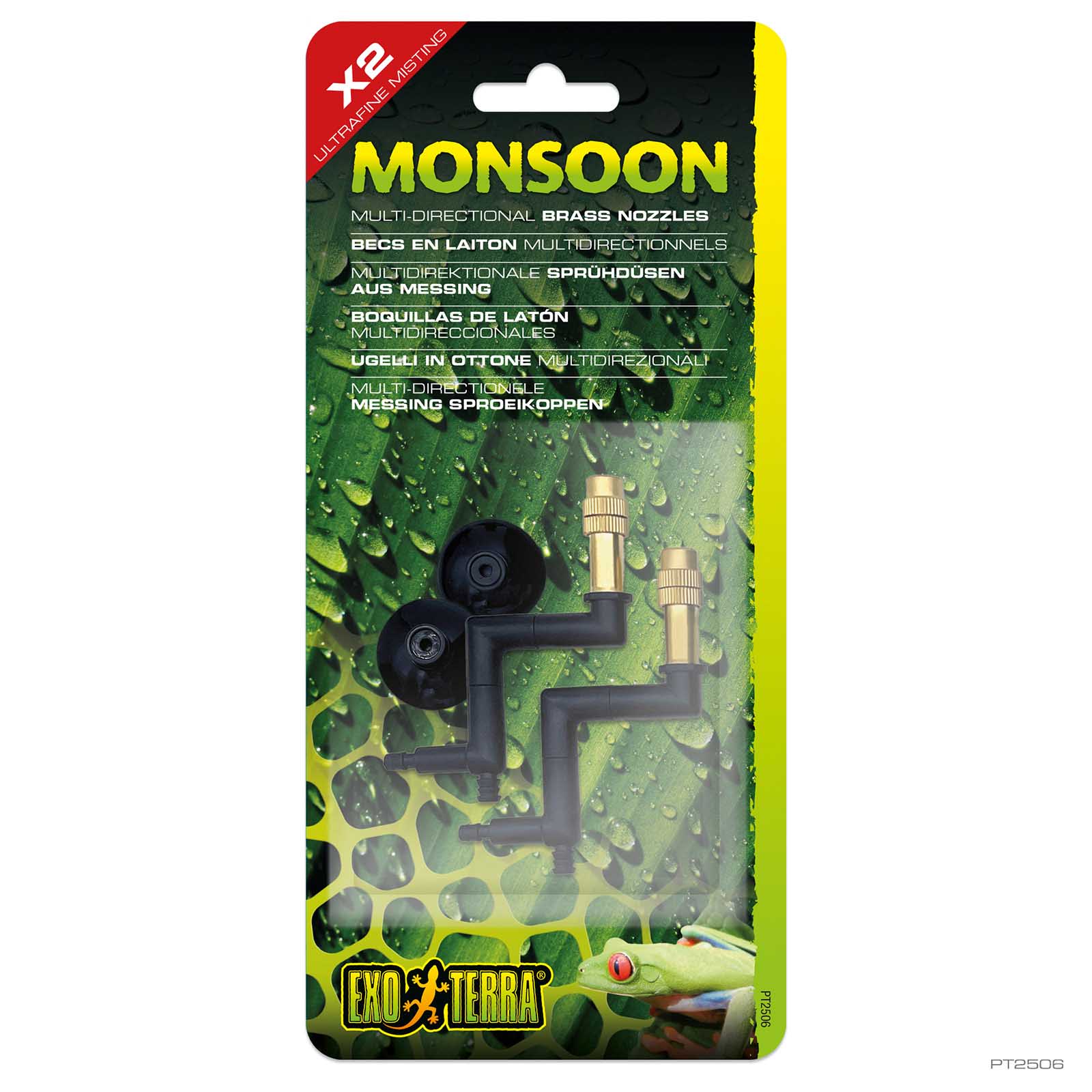 Exo Terra Monsoon Nano Brass Nozzles 2-pack in retail packaging showing the multi-directional nozzles