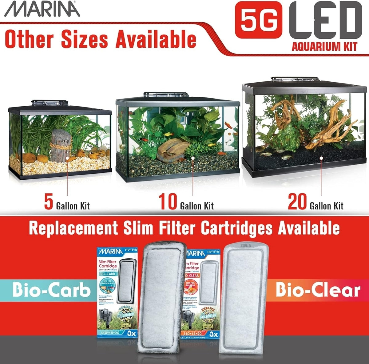 Marina LED aquarium kit sizes compared: 5, 10, and 20 gallon, with Bio-Carb and Bio-Clear replacement cartridges